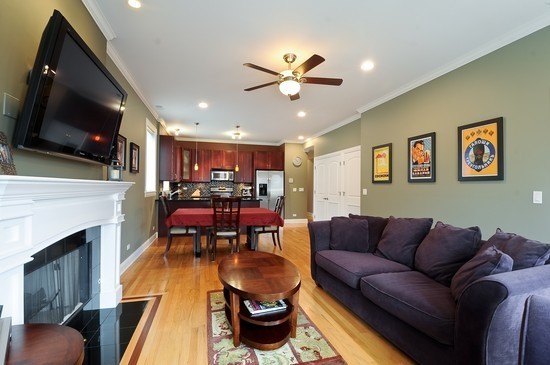 2038 West Iowa Street, Unit 2W Chicago, IL 60622 - Photo 6 of 11 a living room with furniture a flat screen tv and kitchen view