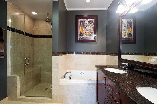 2038 West Iowa Street, Unit 2W Chicago, IL 60622 - Photo 8 of 11 a bathroom with a granite countertop sink a mirror a bathtub and shower