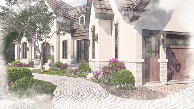 a view of a house with a yard and pathway