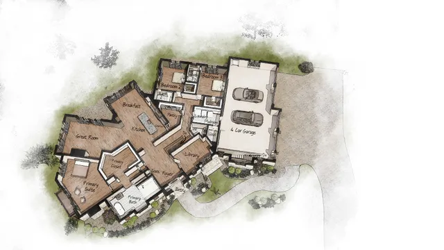 an aerial view of a house with a backyard and a kitchen