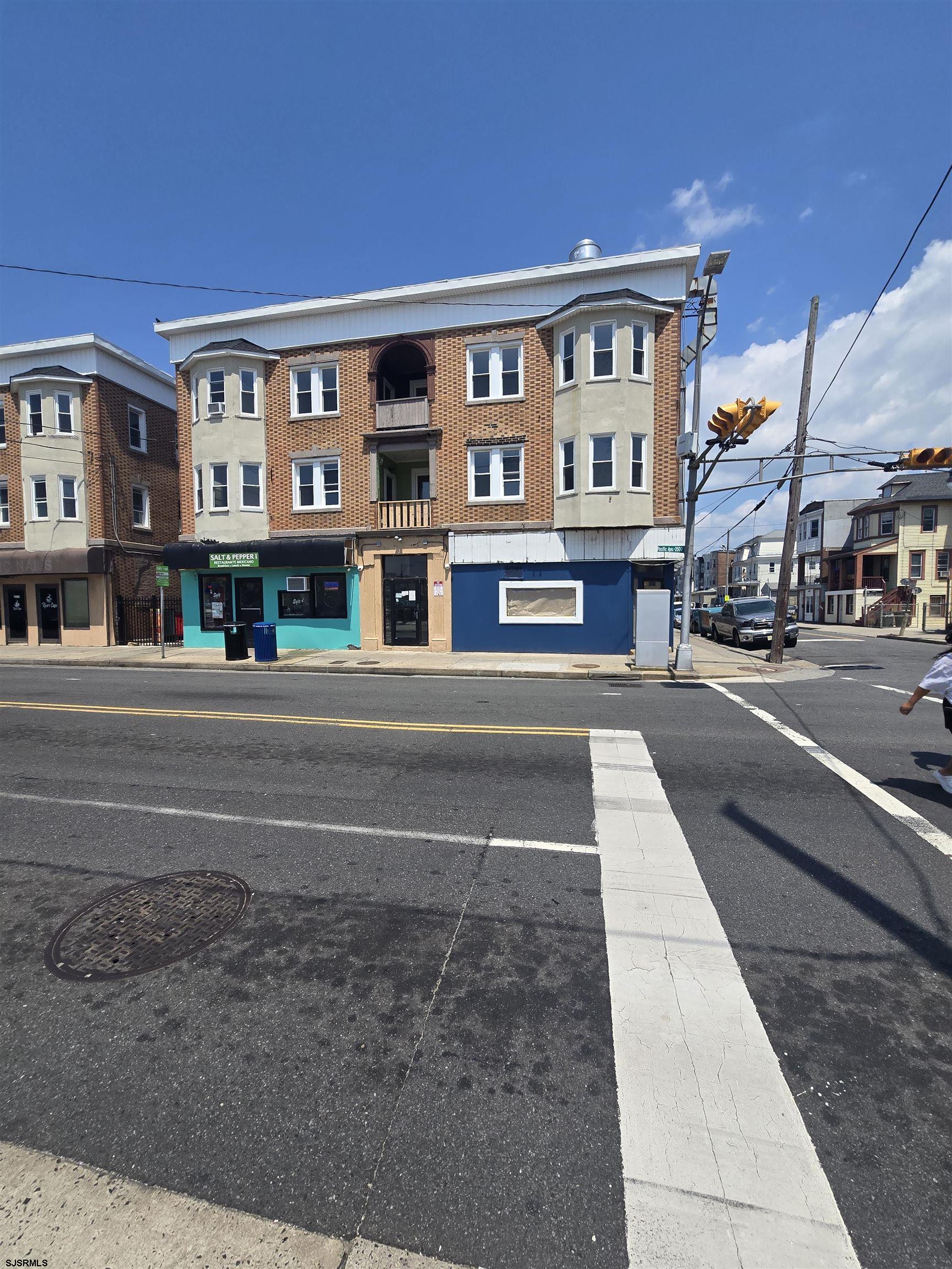 a front view of a building with street