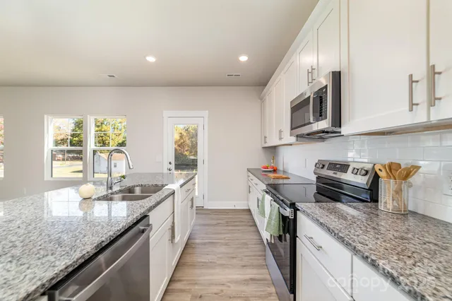 a kitchen with stainless steel appliances granite countertop a sink a stove and a wooden cabinets