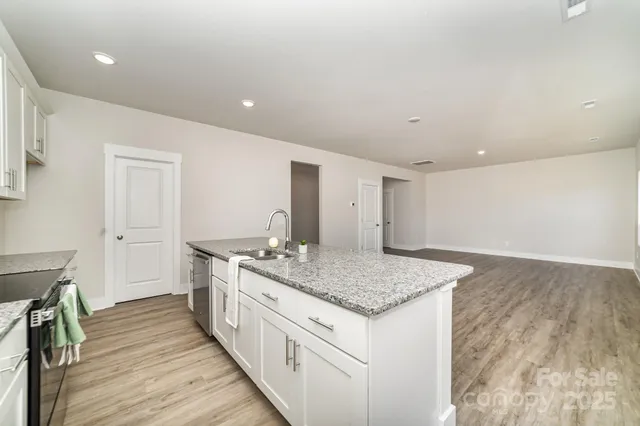 a kitchen with a sink and wooden floor