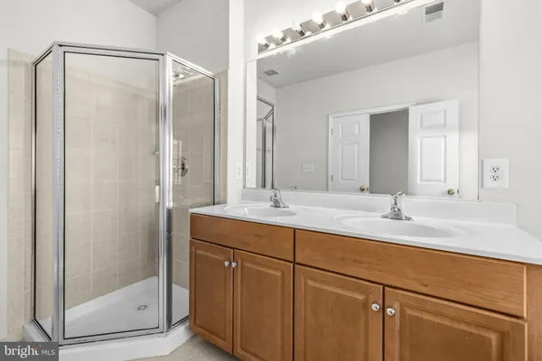 a bathroom with a double vanity sink mirror and shower