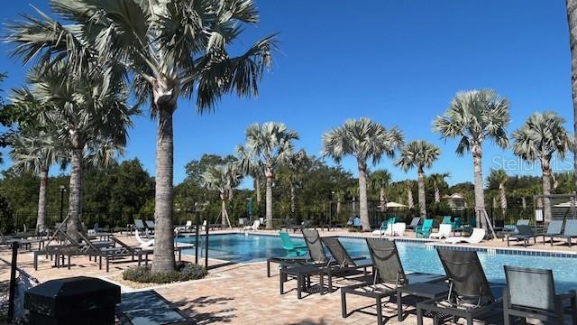 2792 Mdw Strm Way Clermont, FL 34714 - Photo 21 of 21 a view of a swimming pool with outdoor seating and a palm tree