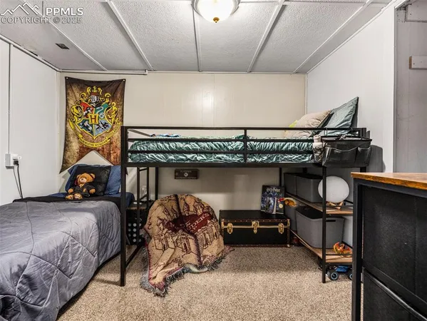 a bedroom with furniture a air conditioner and a rug