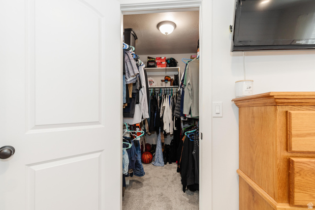 972 West 2840th Street South Logan, UT 84321 - Photo 14 of 46 Walk-in closet featuring carpet flooring, built-in shelving, and hanging rods