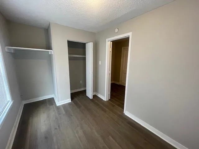 an empty room with wooden floor and closet