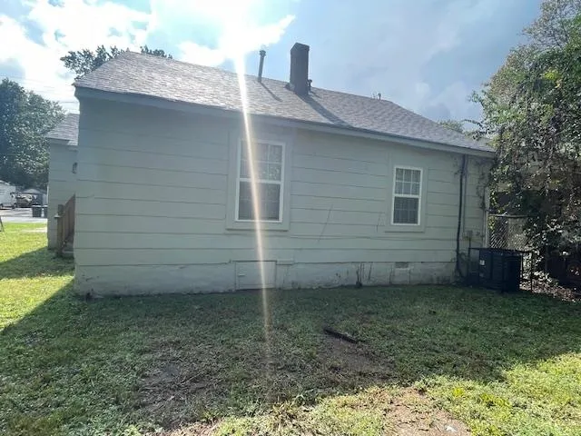 a view of a backyard with plants and large tree
