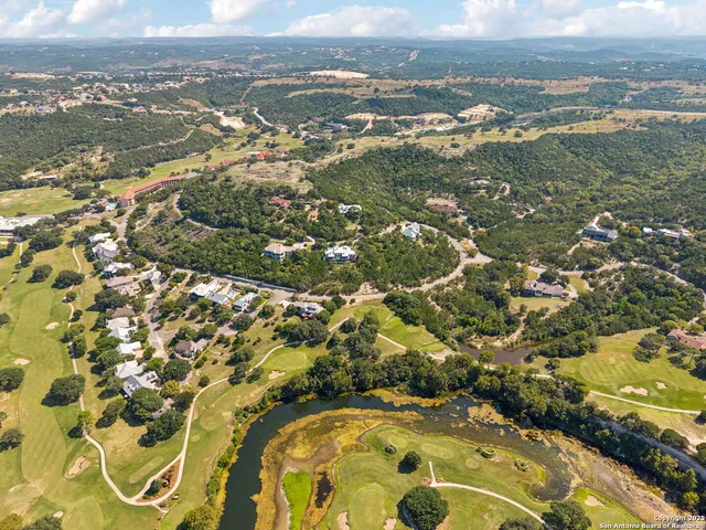a aerial view of a house with a yard and large trees