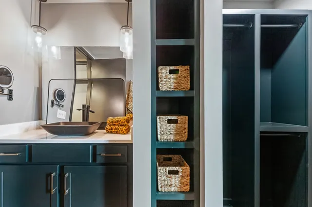 a bathroom with a sink and a mirror
