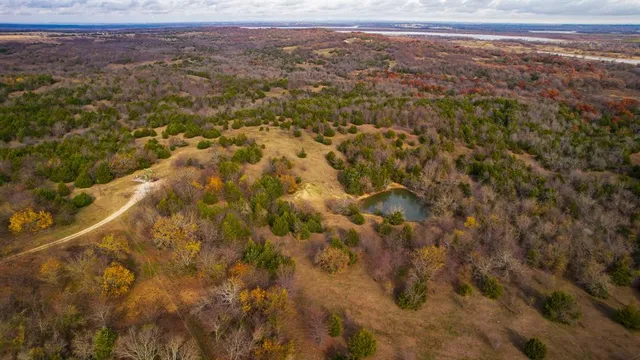 a view of a lake in between two trees