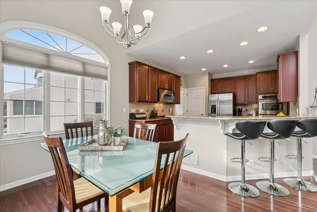 a view of a dining room with furniture