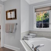 a bathroom with a tub sink and mirror