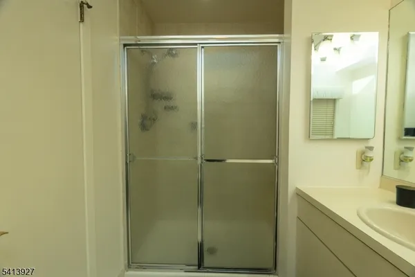 a bathroom with a shower and a sink
