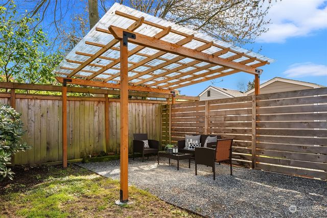a backyard of a house with table and chairs