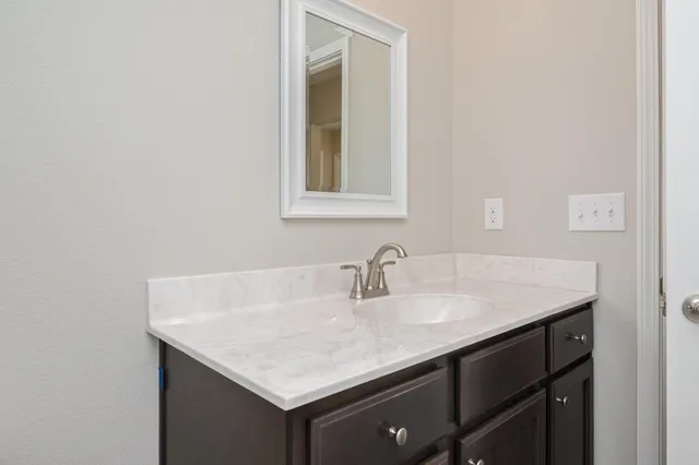 a bathroom with a sink vanity and a mirror
