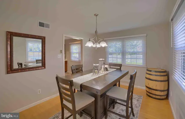 a view of a dining room with furniture window and wooden floor