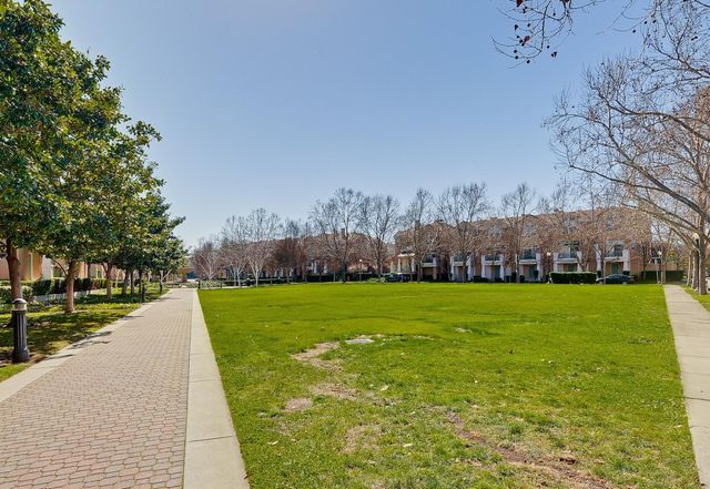 a view of a park with large trees