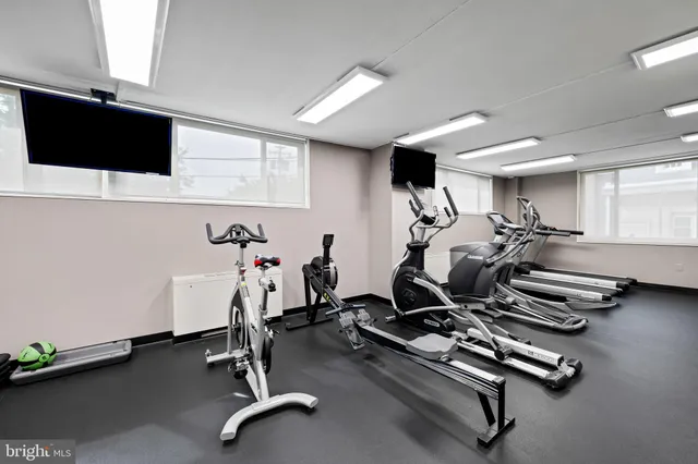 a view of a room with gym equipment