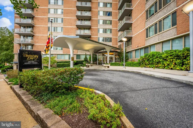 a view of a building with a street