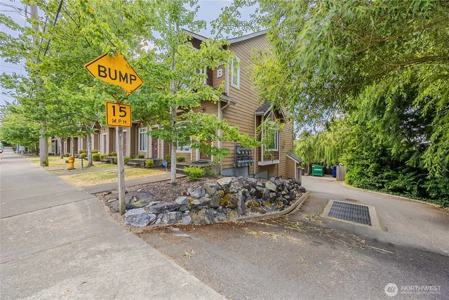 a view of a street with houses