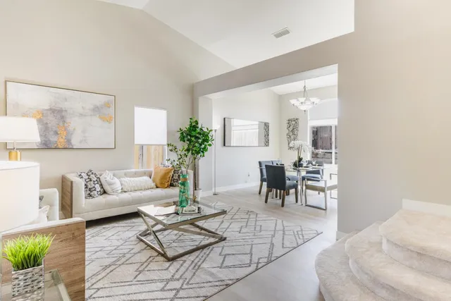 a living room with furniture potted plant and a mirror