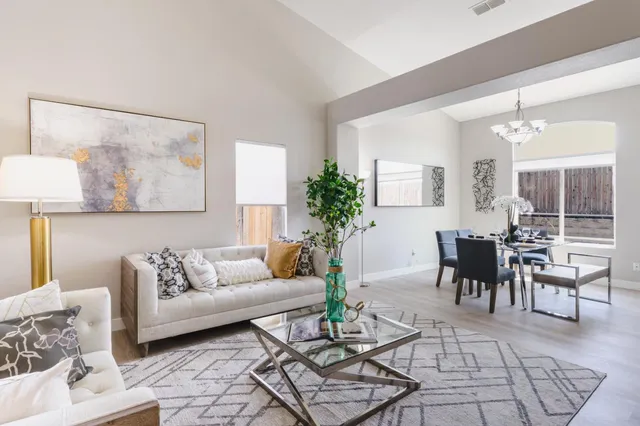 a living room with furniture and a potted plant
