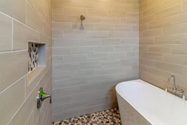 a bathroom with a bathtub