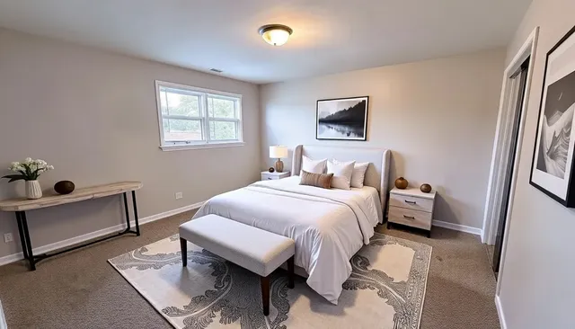 an empty room with windows and closet