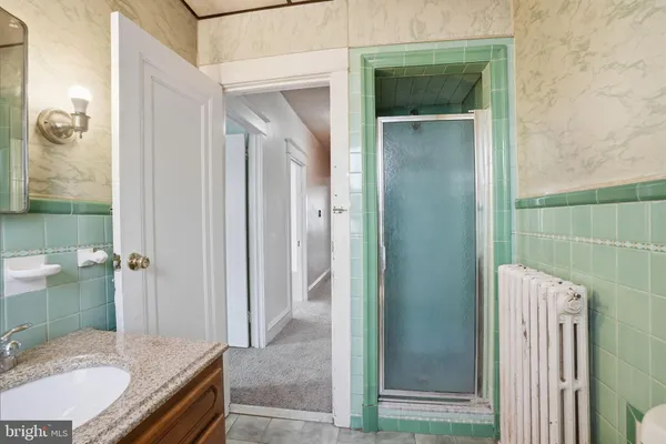 a bathroom with a granite countertop shower and a sink