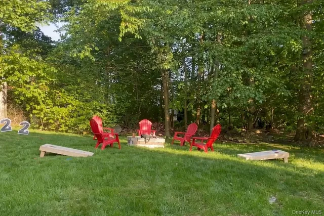 a view of a park with large trees