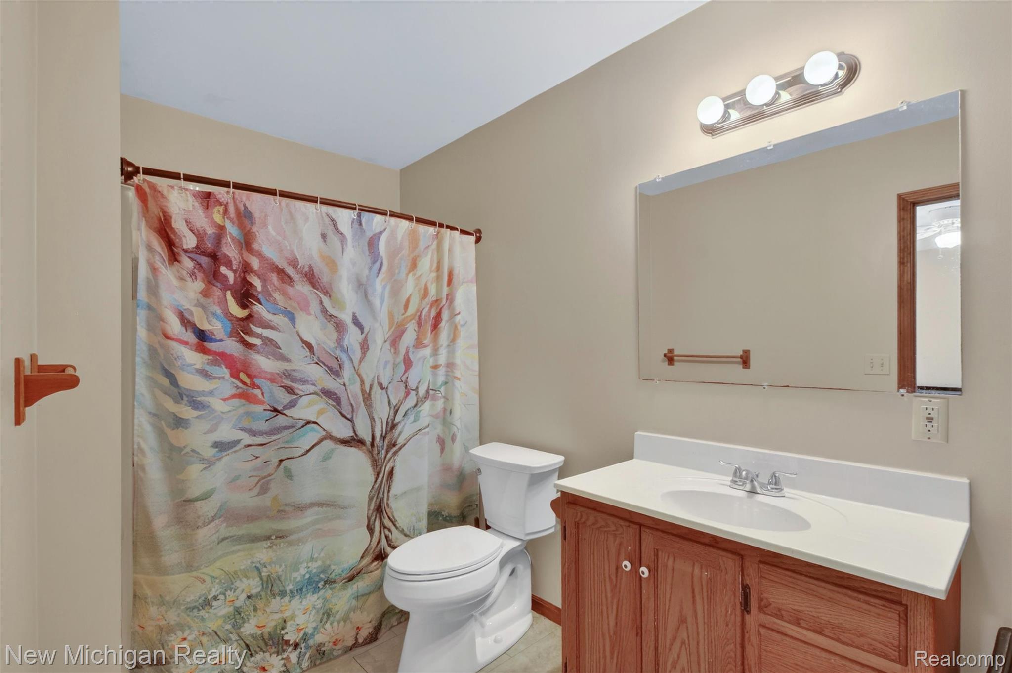 22623 11 Mile Road Reed City, MI 49677 - Photo 22 of 47 Bathroom featuring a wood-finish vanity with an integrated sink and light-toned countertop, a large wall-mounted mirror, and a three-bulb vanity light fixture
