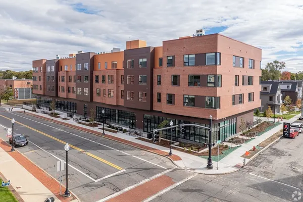 a front view of a multi story building