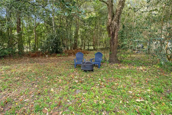 a backyard of a house with table and chairs