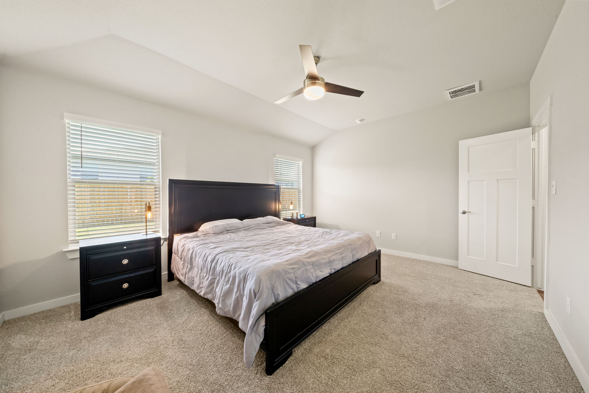 1117 Tipton Street Georgetown, TX 78633 - Photo 18 of 40 Spacious room featuring vaulted ceilings, light-toned carpeting, two windows with blinds, and a contemporary ceiling fan