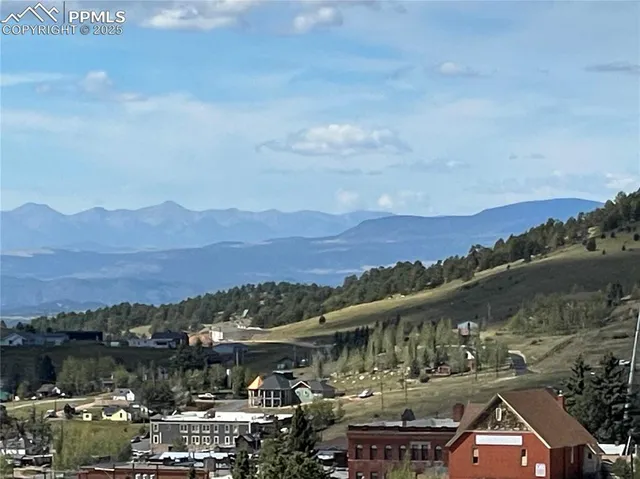 a view of a town with mountains in the background