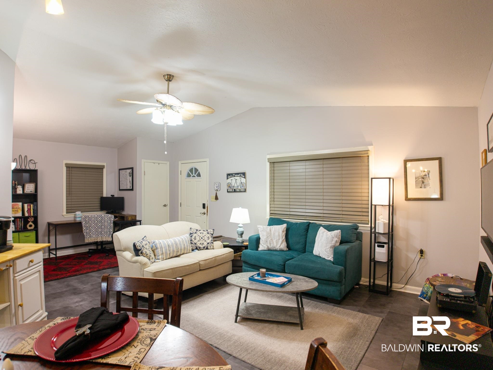 1563 Valencia Drive Lillian, AL 36549 - Photo 2 of 27 Living room featuring ceiling fan, lofted ceiling, and an office area