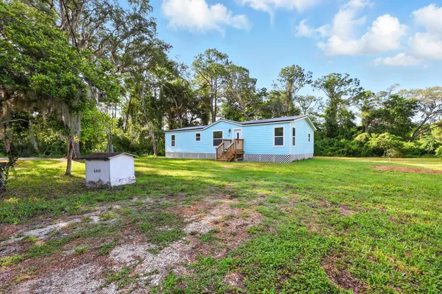 a view of a house with backyard and a tree