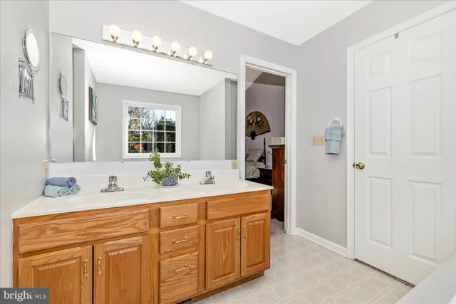 a bathroom with a sink double vanity and a mirror
