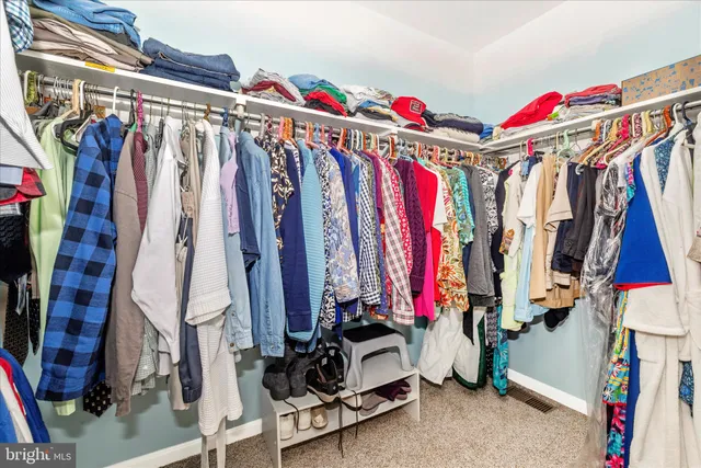a view of walk in closet with clothes and shoes