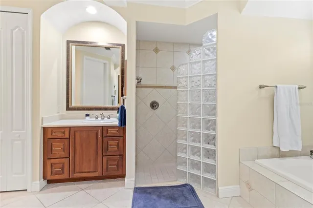 a bathroom with a sink a mirror and a shower