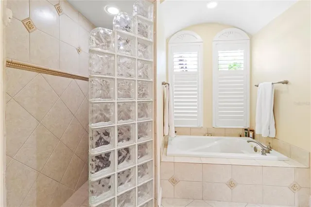 a bathroom with a bathtub and a shower