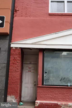 a front view of a building with a door