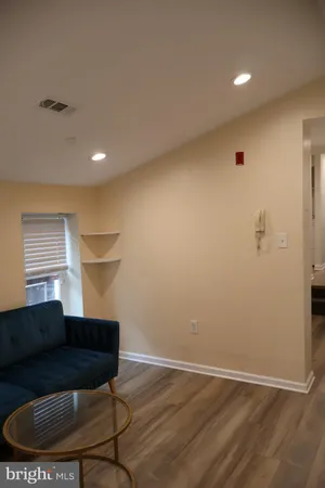a living room with a couch and a potted plant