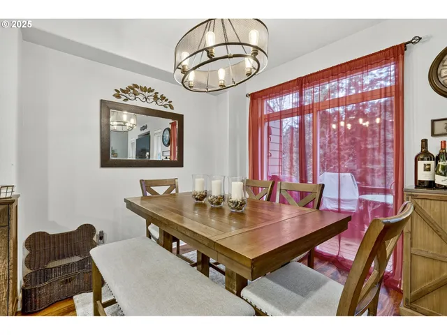 a kitchen with a table chairs refrigerator and cabinets