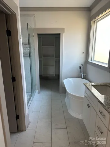 a bathroom with a tub sink and mirror