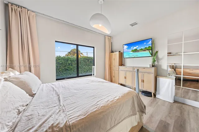 a bedroom with a bed and a flat screen tv