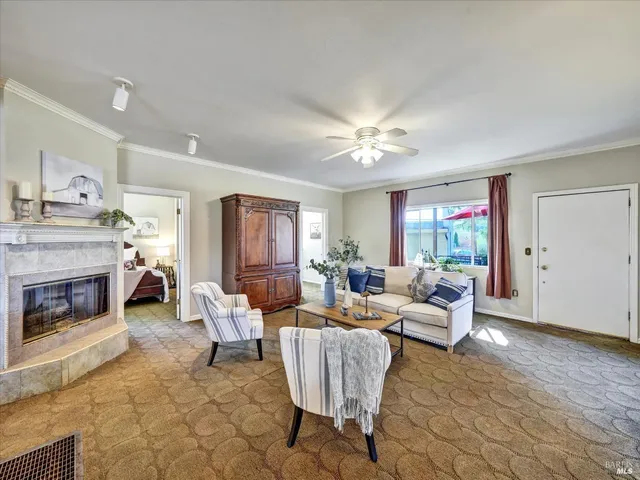 a living room with furniture and a fireplace