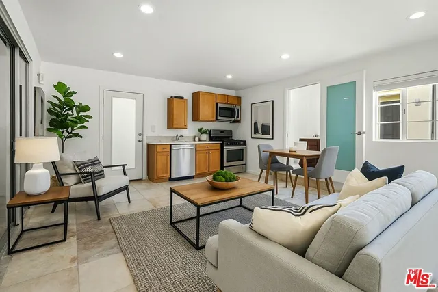 a living room with furniture kitchen view and a potted plant